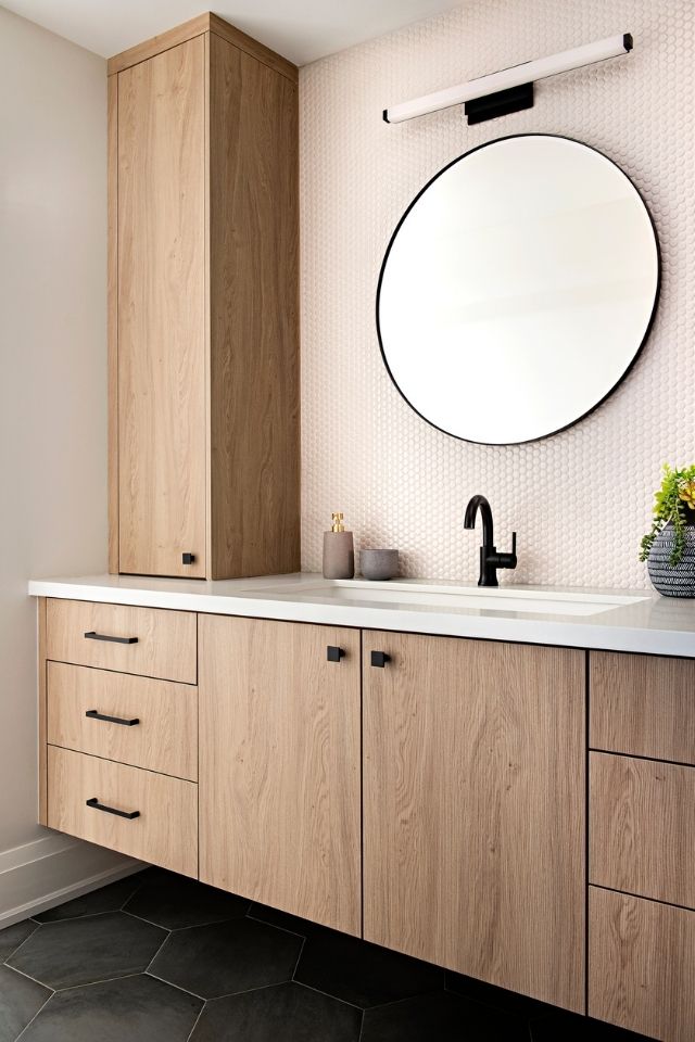 Evelyn Eshun floating vanity in neutral bathroom